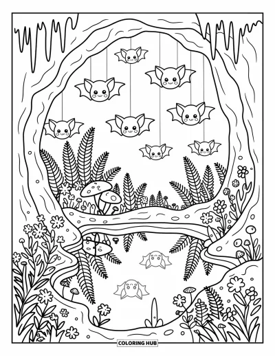 Coloriage noir pour adultes : De petites chauves-souris se reposent paisiblement dans une grotte accueillante remplie de champignons et de plantes lumineuses