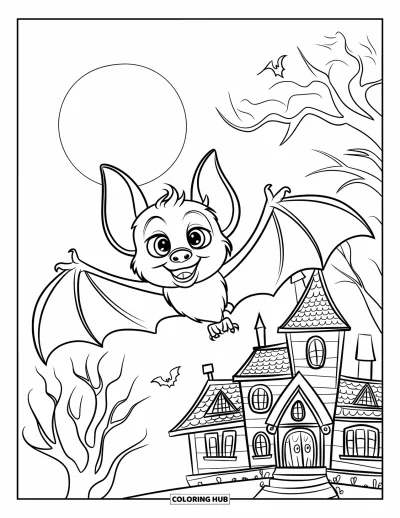 Coloriage noir pour enfants : Une chauve-souris vole devant un manoir hanté sous la pleine lune