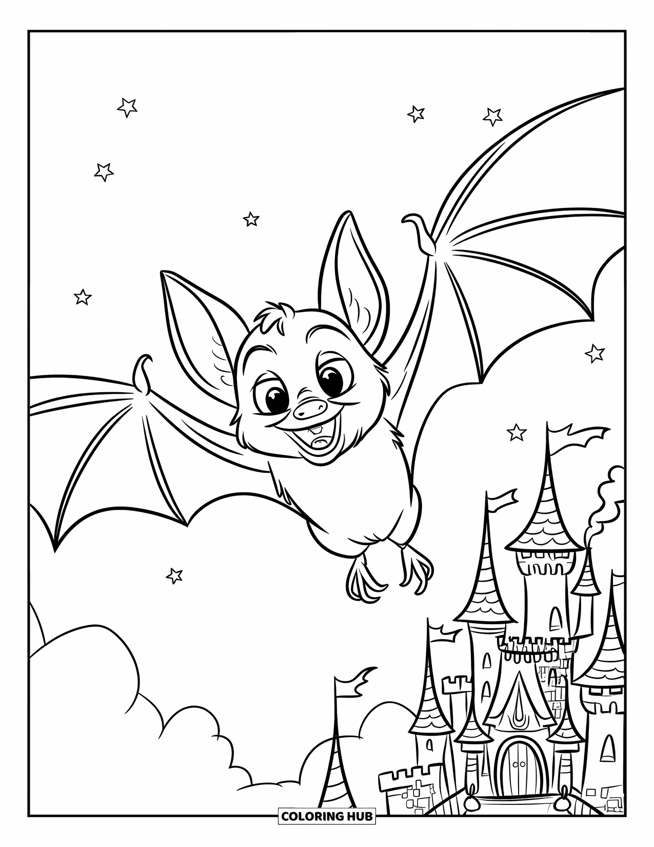 Black Coloring Page for Kids: A bat glides above a smoky castle beneath the stars