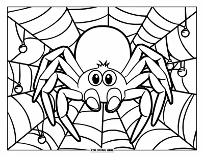 Coloriage noir pour enfants : Une grosse araignée aux grands yeux est assise sur une toile avec des sphères