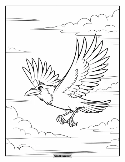 Coloriage noir pour enfants : Un corbeau audacieux traverse les nuages ailes grandes ouvertes