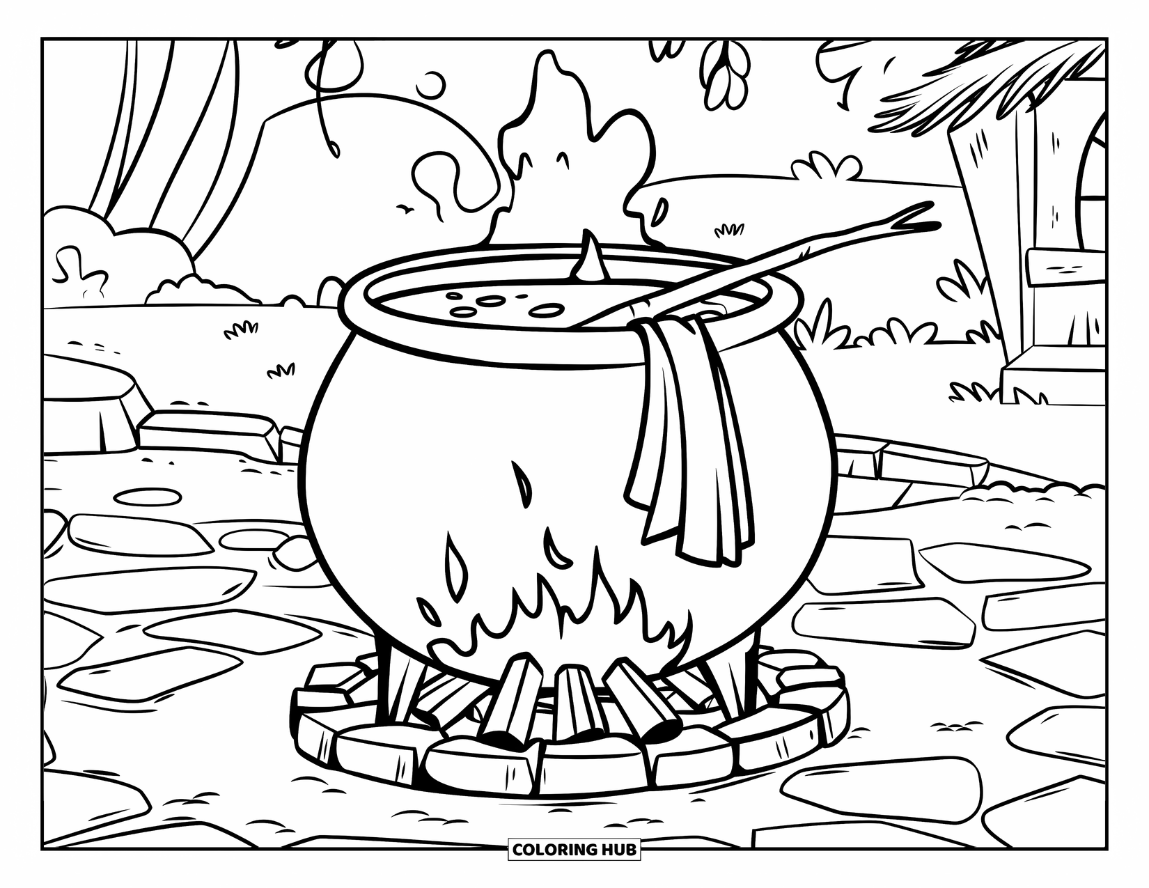 Black Coloring Page for Kids: A bubbling cauldron stands near a hut with plants around it