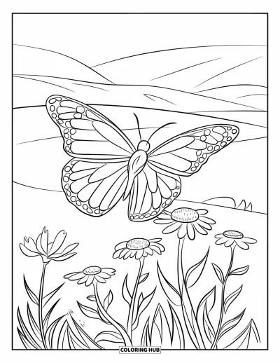 Coloriage noir pour enfants : Un papillon aux ailes imposantes plane au-dessus de collines verdoyantes et de fleurs
