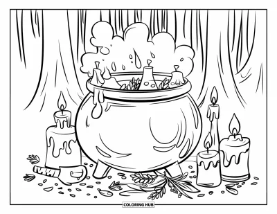 Coloriage noir pour enfants : Un chaudron d'herbes bouillonne dans une forêt sombre
