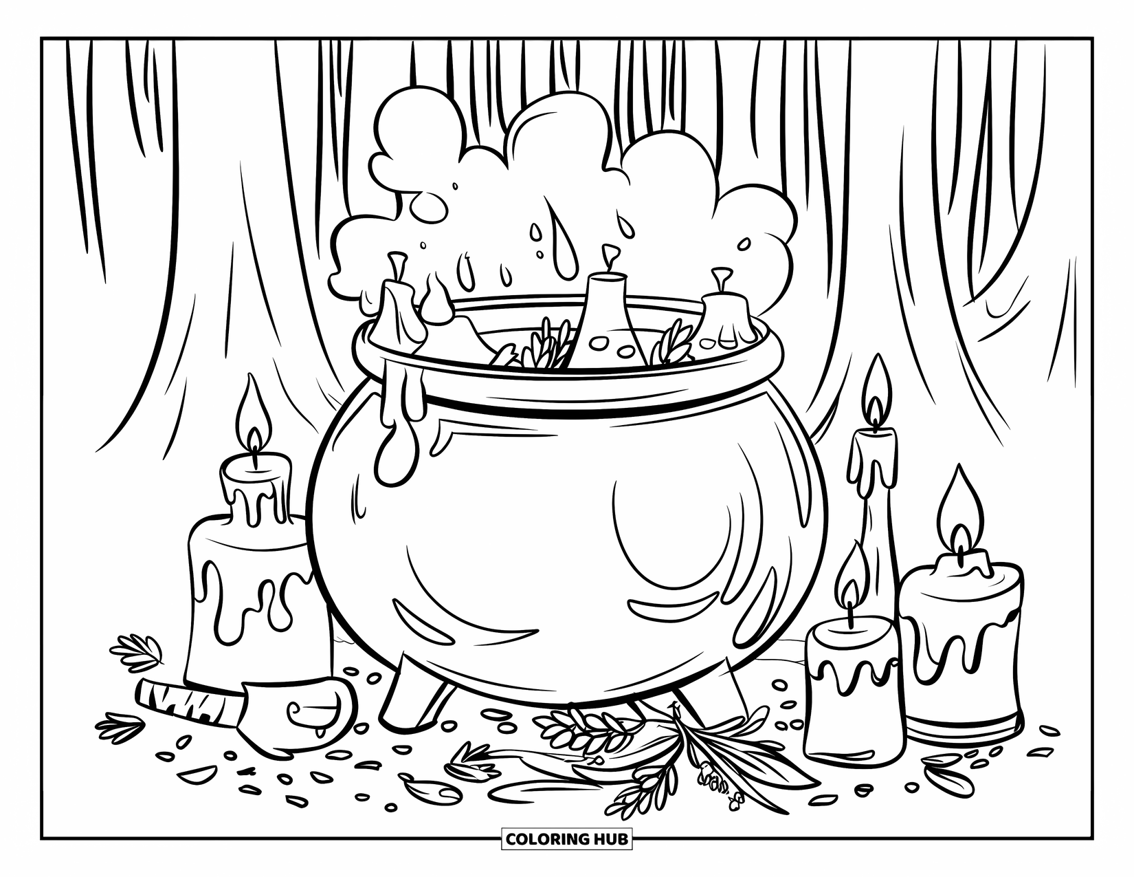 Black Coloring Page for Kids: A cauldron of herbs bubbles in a dark forest