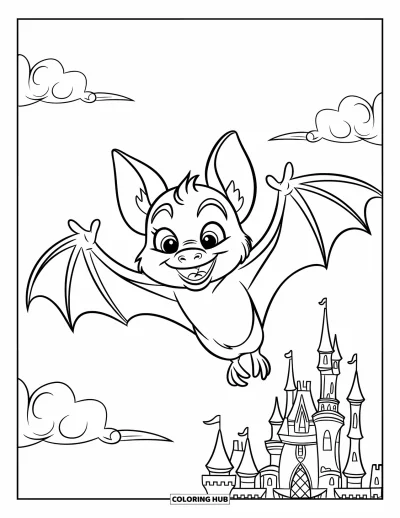 Coloriage noir pour enfants : Une chauve-souris souriante vole au-dessus d'un château avec des nuages duveteux