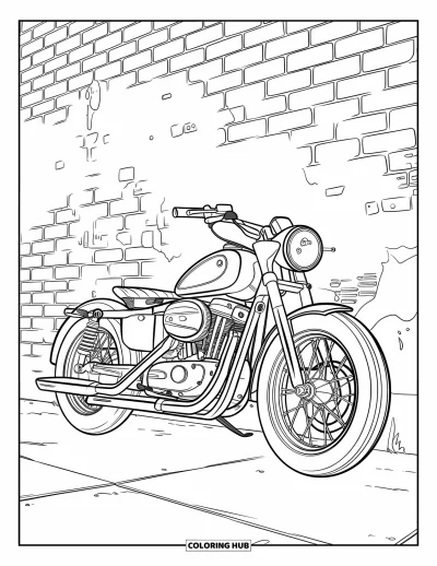 Coloriage noir pour enfants : Une moto chromée est appuyée contre un mur de briques couvert de graffitis