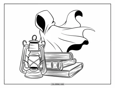 Coloriage noir pour enfants : Une cape flotte dans l'air près de livres et d'une lanterne