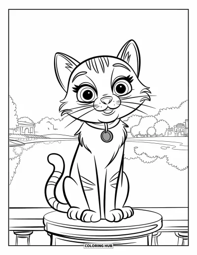 Coloriage noir pour enfants : Un chat avec un collier est perché sur un pilier près d'un lac tranquille