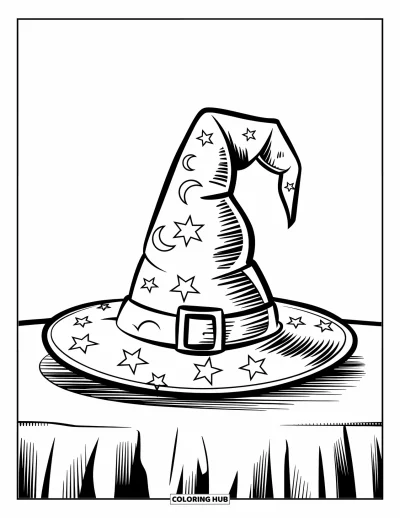 Coloriage noir pour enfants : Un chapeau de sorcière conique avec des lunes est posé sur une table en bois