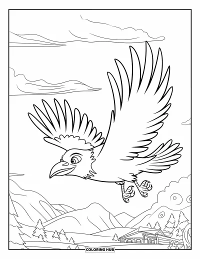 Coloriage noir pour enfants : Un corbeau vole au-dessus de montagnes et d'arbres sous un ciel nuageux