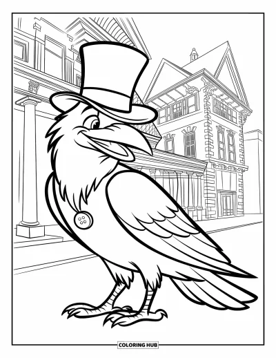 Coloriage noir pour enfants : Un corbeau en haut-de-forme se tient dans une ville victorienne