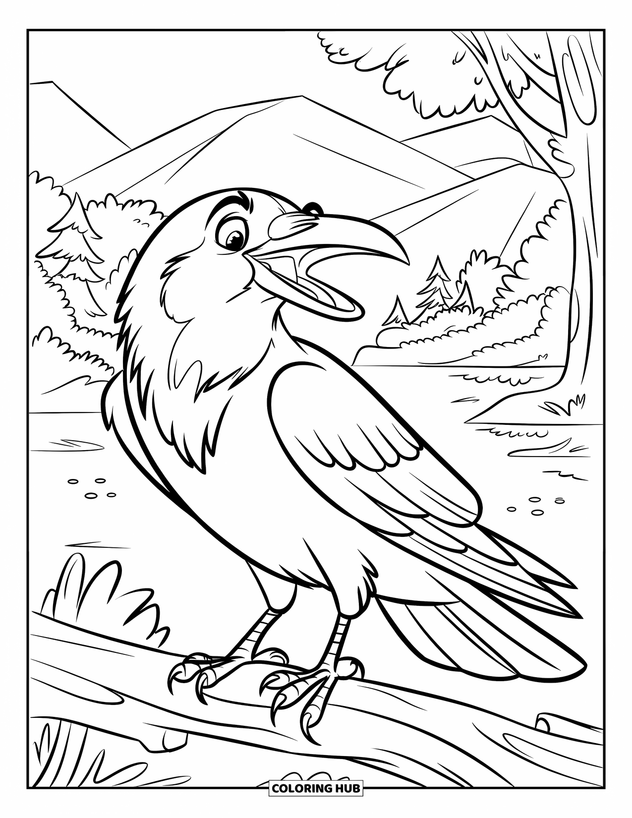 Black Coloring Page for Kids: A crow perches on a branch overlooking a calm landscape