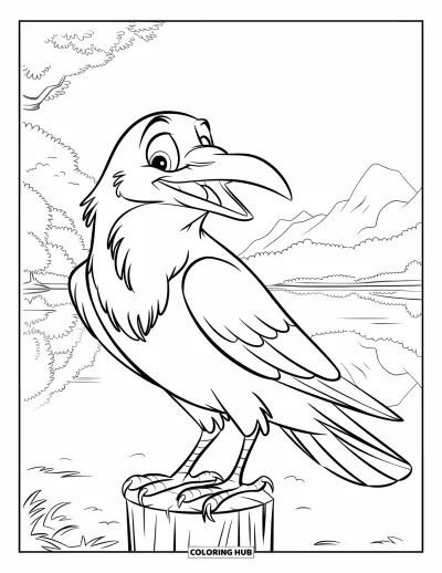 Coloriage noir pour enfants : Un corbeau est assis sur un poteau en bois près d'un lac calme