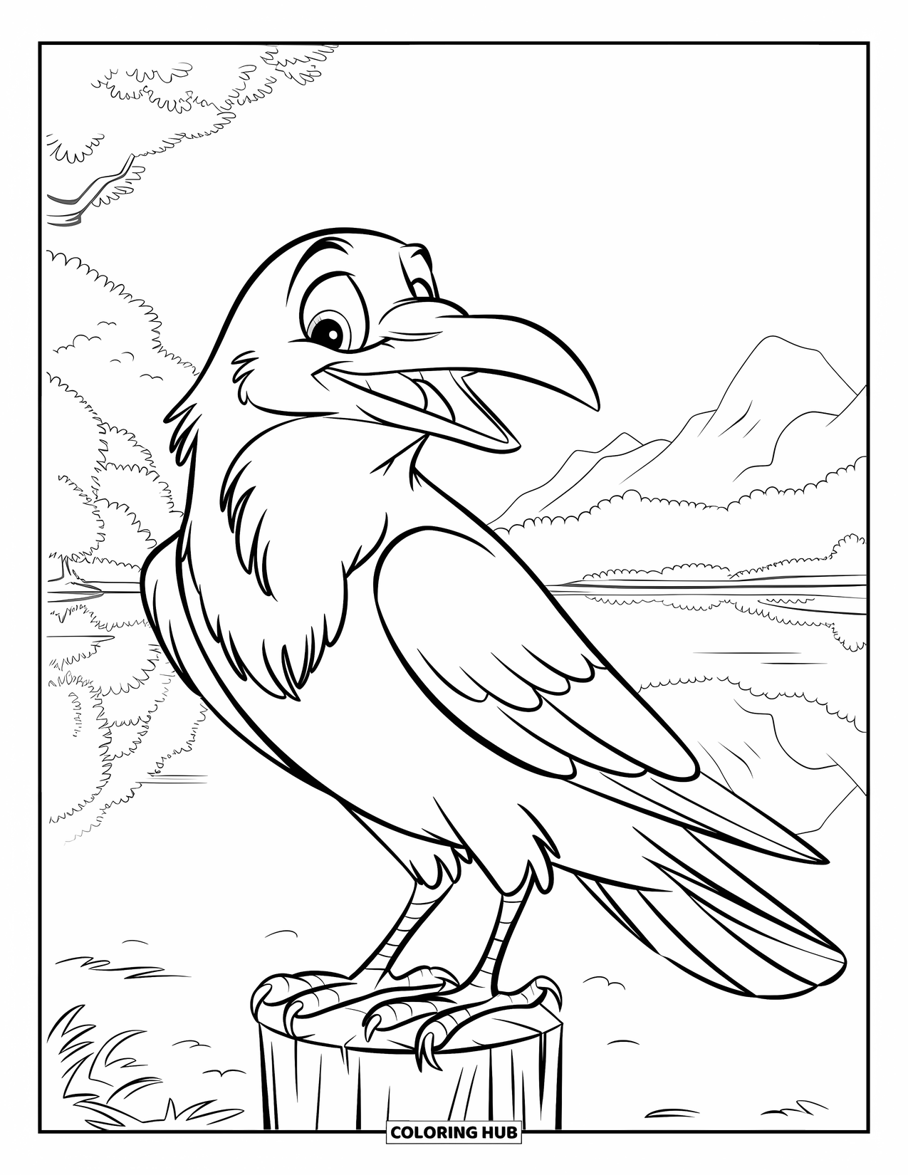 Black Coloring Page for Kids: A crow sits on a wooden post near a calm lake