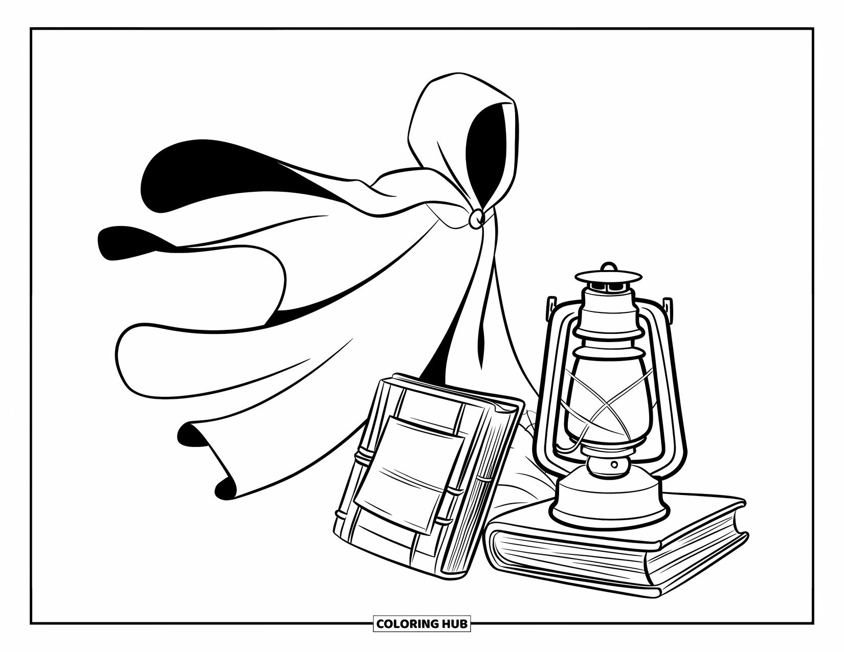 Black Coloring Page for Kids: A floating cloak hovers beside old books and a lantern