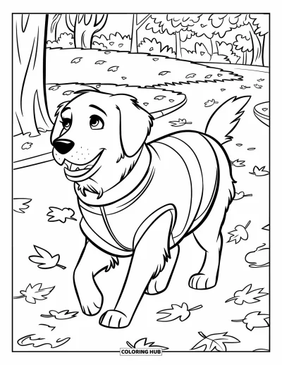 Coloriage noir pour enfants : Un golden retriever explore un parc rempli de feuilles d'automne