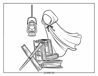 Coloriage noir pour enfants : Une cape à capuche repose près d'une pile de livres et d'une lanterne suspendue
