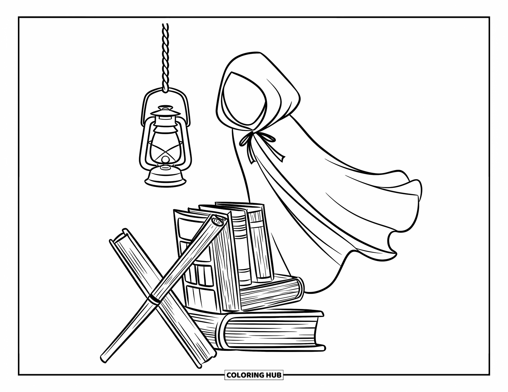 Black Coloring Page for Kids: A hooded cloak rests by stacked books and a hanging lantern