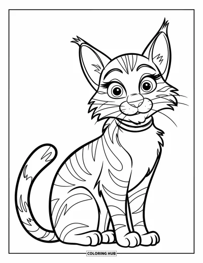 Coloriage noir pour enfants : Un chat aux grands yeux est assis avec sa queue enroulée
