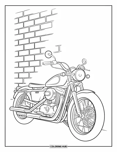 Coloriage noir pour enfants : Une moto à selle en cuir est garée devant un mur de briques détaillé