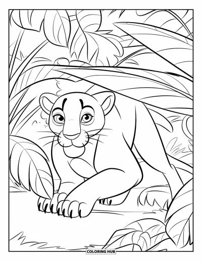 Coloriage noir pour enfants : Une panthère se cache sous des feuilles de jungle texturées