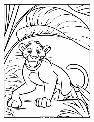 Coloriage noir pour enfants : Une panthère avec un collier est assise sous des feuilles de jungle