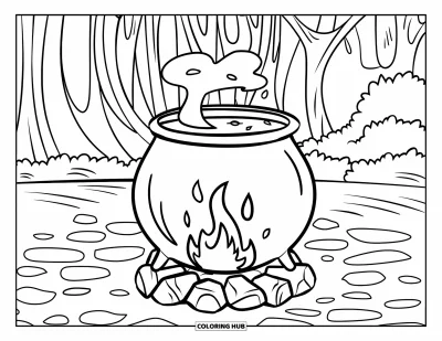 Coloriage noir pour enfants : Un chaudron plein de potions bouillonne au-dessus d'un feu dans la forêt
