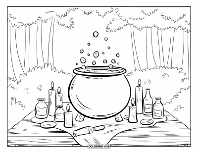 Coloriage noir pour enfants : Un chaudron plein de potions est posé sur une table entourée de bouteilles