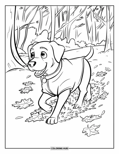 Coloriage noir pour enfants : Un labrador en imperméable se promène parmi des feuilles d'automne éparpillées