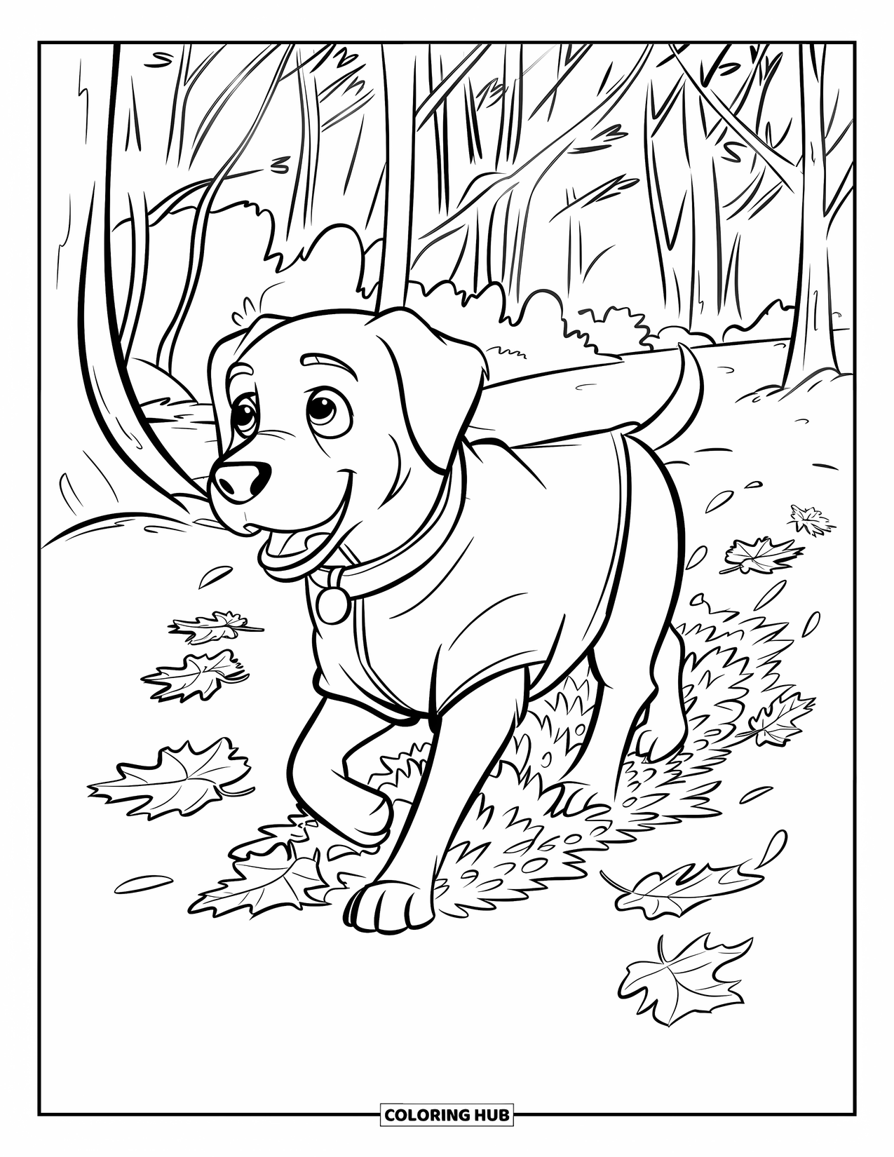 Black Coloring Page for Kids: A raincoat-wearing labrador strolls through scattered autumn leaves