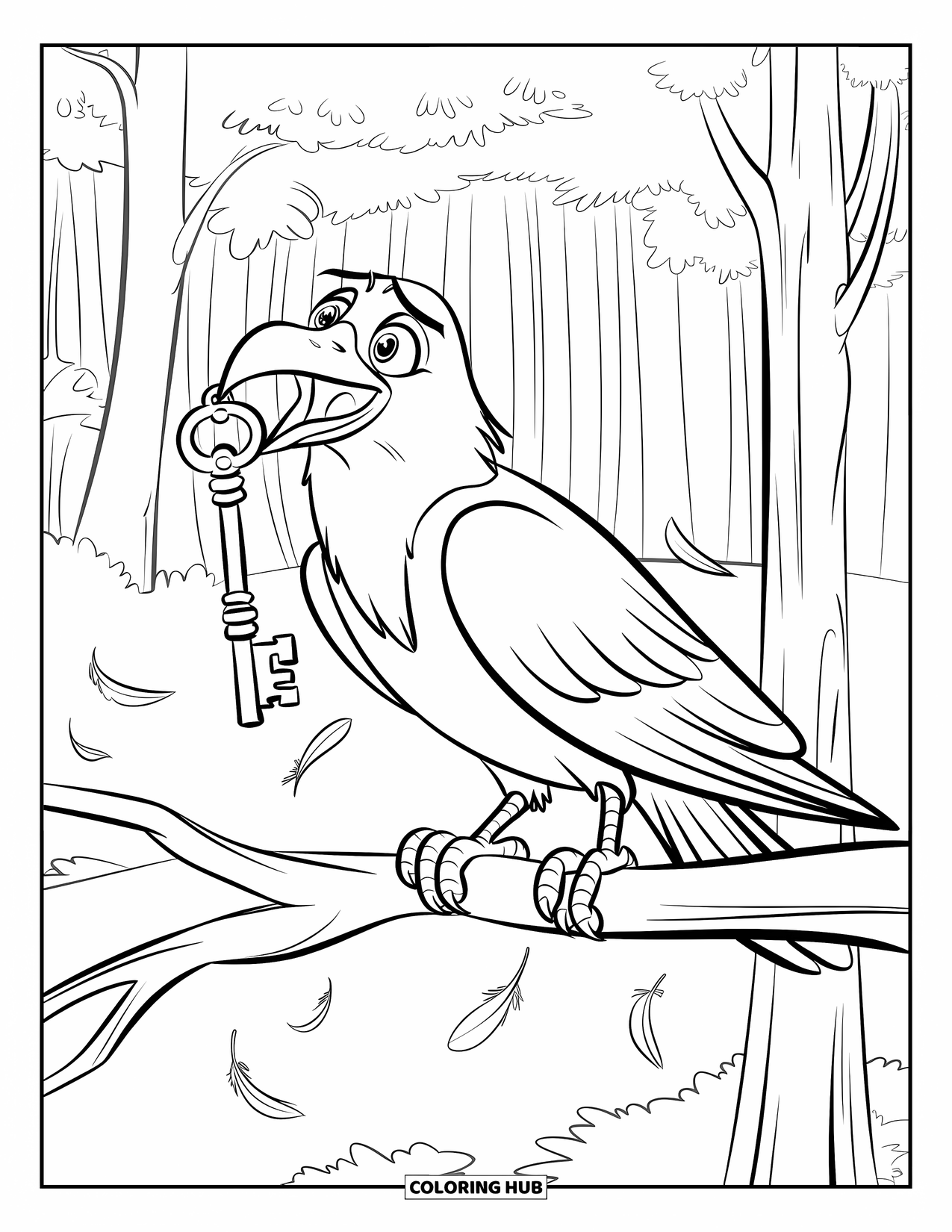 Black Coloring Page for Kids: A raven holds an old key while perched in a forest