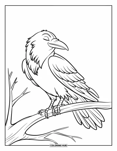 Coloriage noir pour enfants : Un corbeau est posé sur une branche dénudée tandis que des plumes tombent