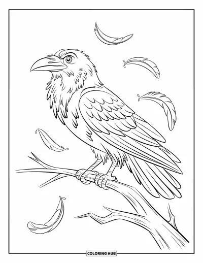 Coloriage noir pour enfants : Un corbeau avec des plumes qui tombent se repose sur une branche tordue