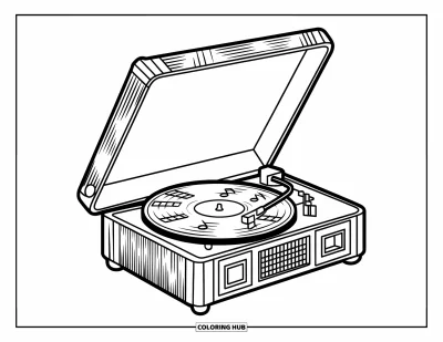 Coloriage noir pour enfants : Un tourne-disque tourne à côté d'un haut-parleur avec des notes de musique