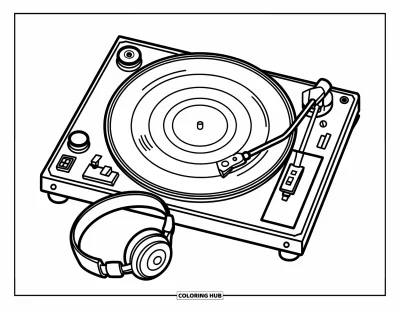 Coloriage noir pour enfants : Un tourne-disque tourne avec un casque posé à côté