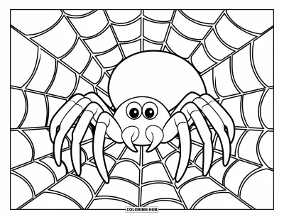Coloriage noir pour enfants : Une araignée aux yeux ronds attend au centre de sa toile