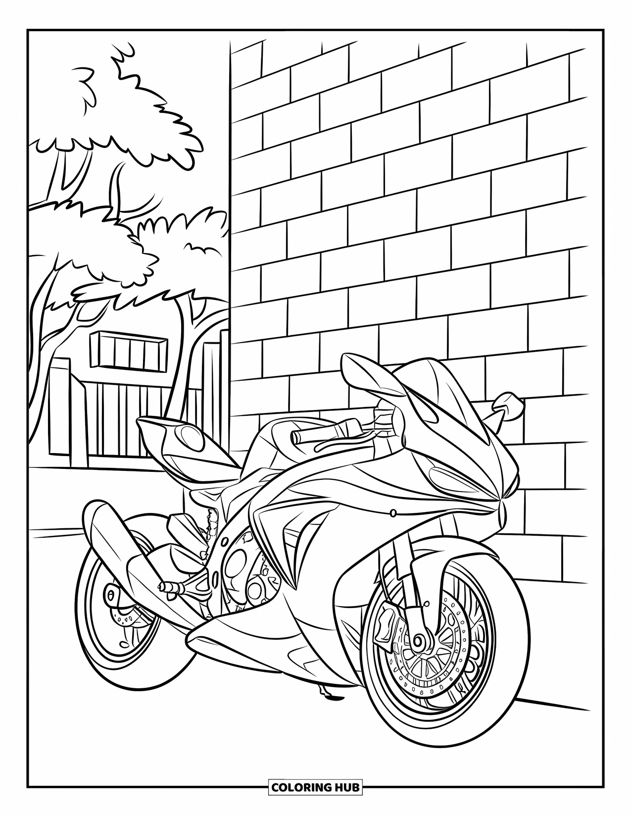Black Coloring Page for Kids: A sleek motorbike is parked beside a brick wall with trees nearby