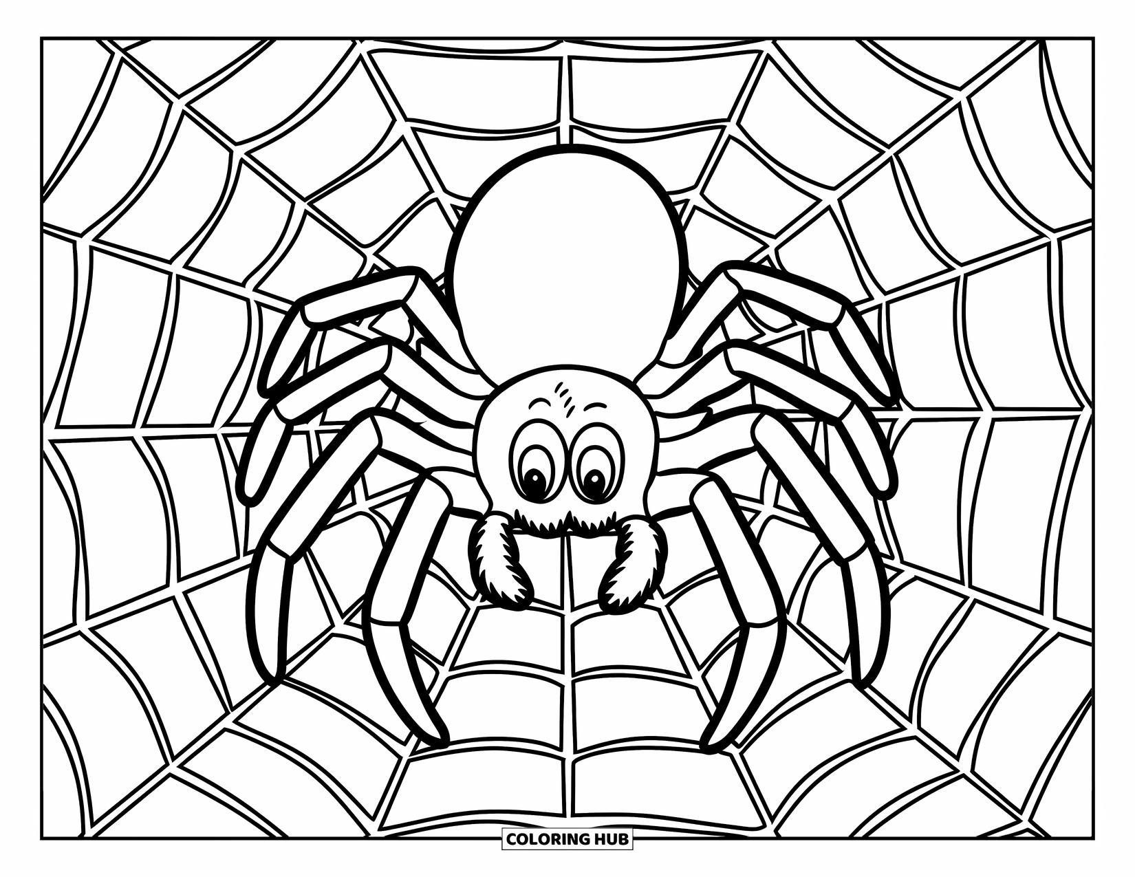 Black Coloring Page for Kids: A spider waits in the middle of a simple web