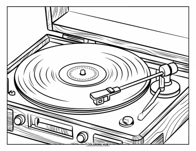 Coloriage noir pour enfants : Un disque tourne sur un platine en bois avec des boutons