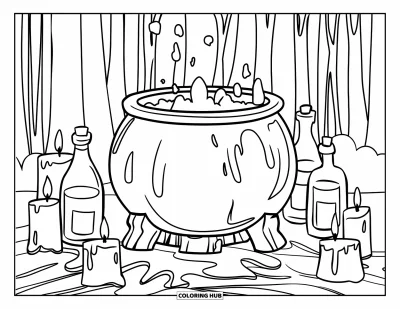 Coloriage noir pour enfants : Un chaudron fumant repose sur un support en bois entouré de bouteilles