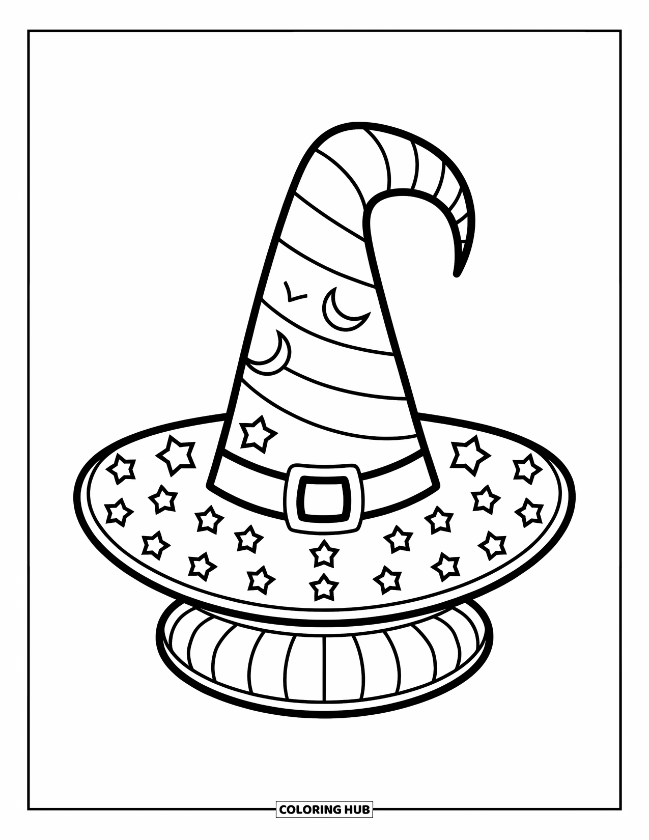 Black Coloring Page for Kids: A tall witch hat is decorated with stars and moons