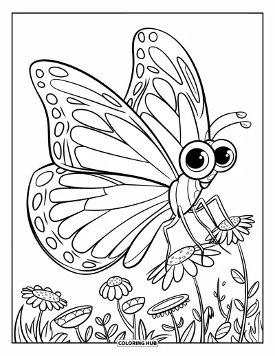 Coloriage noir pour enfants : Un papillon aux grands yeux volette au milieu d'un champ de fleurs sauvages
