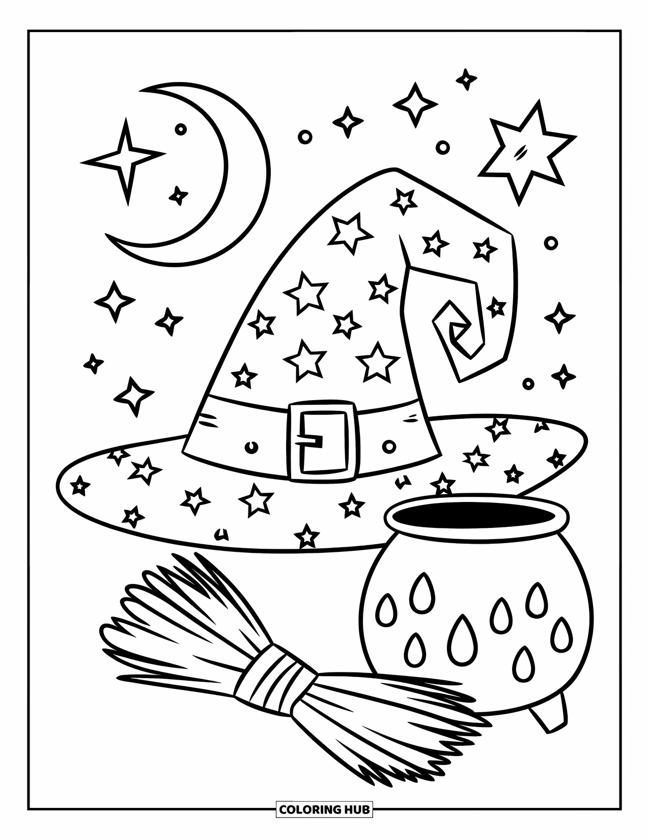 Black Coloring Page for Kids: A witch hat with stars sits beside a broom and cauldron
