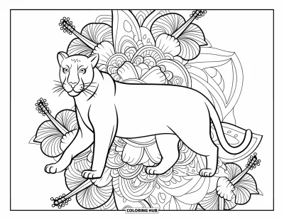 Schwarzer-Panther-Ausmalbild für Erwachsene: Panther zwischen Hibiskusblüten in einem kunstvollen Mandala-Muster