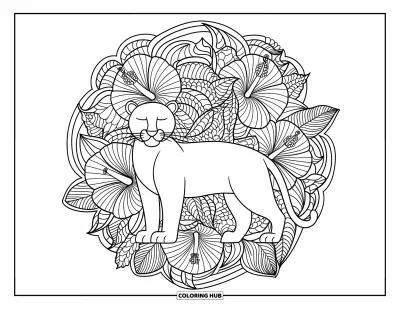 Schwarzer-Panther-Ausmalbild für Erwachsene: Panther zwischen Hibiskusblüten, Blättern und Ornamenten in einem kreisförmigen Mandala