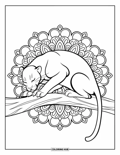 Schwarzer-Panther-Ausmalbild für Erwachsene: Geduckter Panther auf einem Ast umgeben von einem floralen Mandala