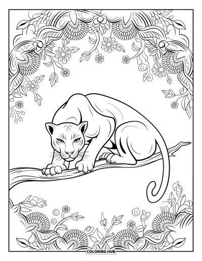 Schwarzer-Panther-Ausmalbild für Erwachsene: Geduckter Panther auf einem dünnen Ast mit floralem Mandala-Rahmen