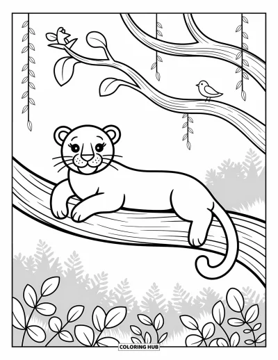 Schwarzer-Panther-Ausmalbild für Erwachsene: Panther liegt auf einem geschwungenen Ast mit Blättern, Ranken und Vogel
