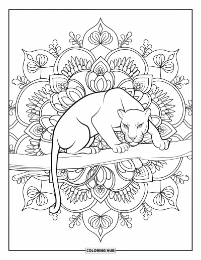 Schwarzer-Panther-Ausmalbild für Erwachsene: Panther auf einem Ast mit großem Lotus-Mandala-Hintergrund
